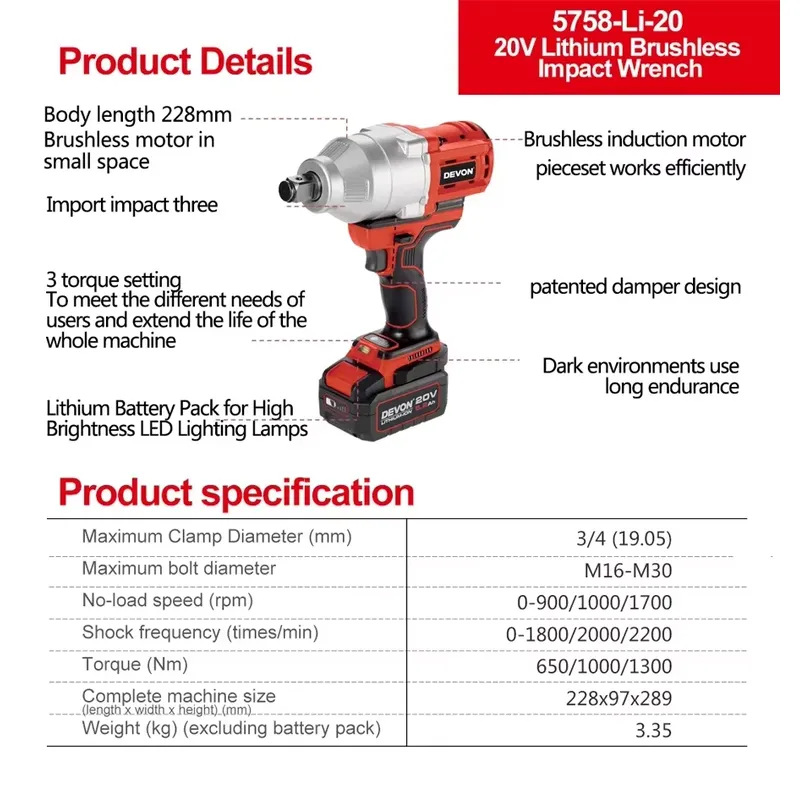 Chave de impacto Devon 20V com - Power Tools Cordless avaliação e preço